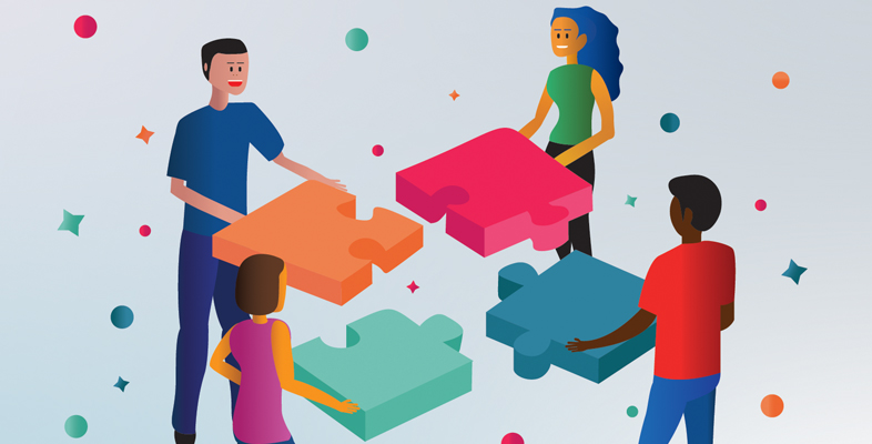Collective leadership graphic showing four people holding unique individual jigsaw puzzle pieces that will fit together.