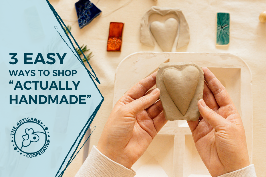 Cover Graphic with the Blog Post's Title Words 3 Ways to Shop Actually Handmade and Image of a Woman Sculpting Pottery With Her Hands
