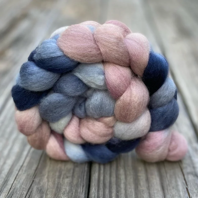 Hand dyed combed top in dusky rose and slate blue by Sycamore Fibers