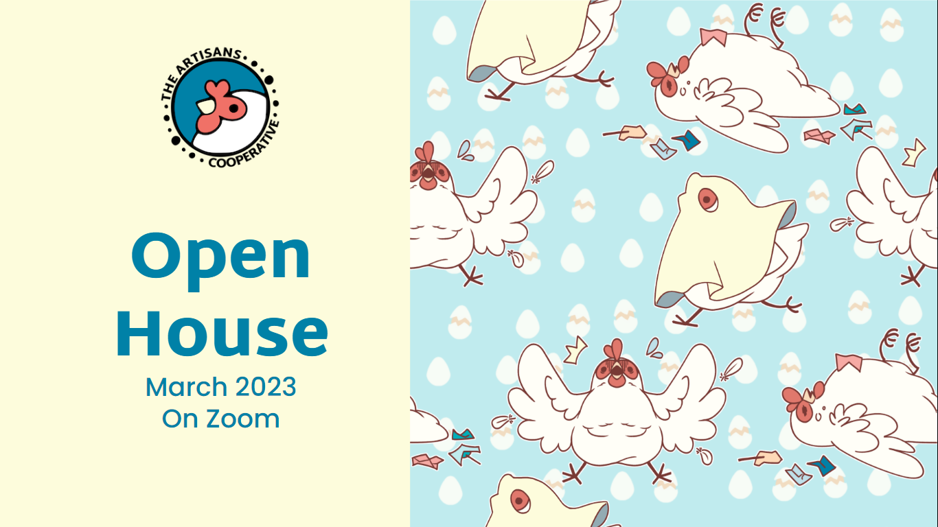 Image of adorable illustrated chickens and a title that reads "Open House, March 2023 on Zoom"