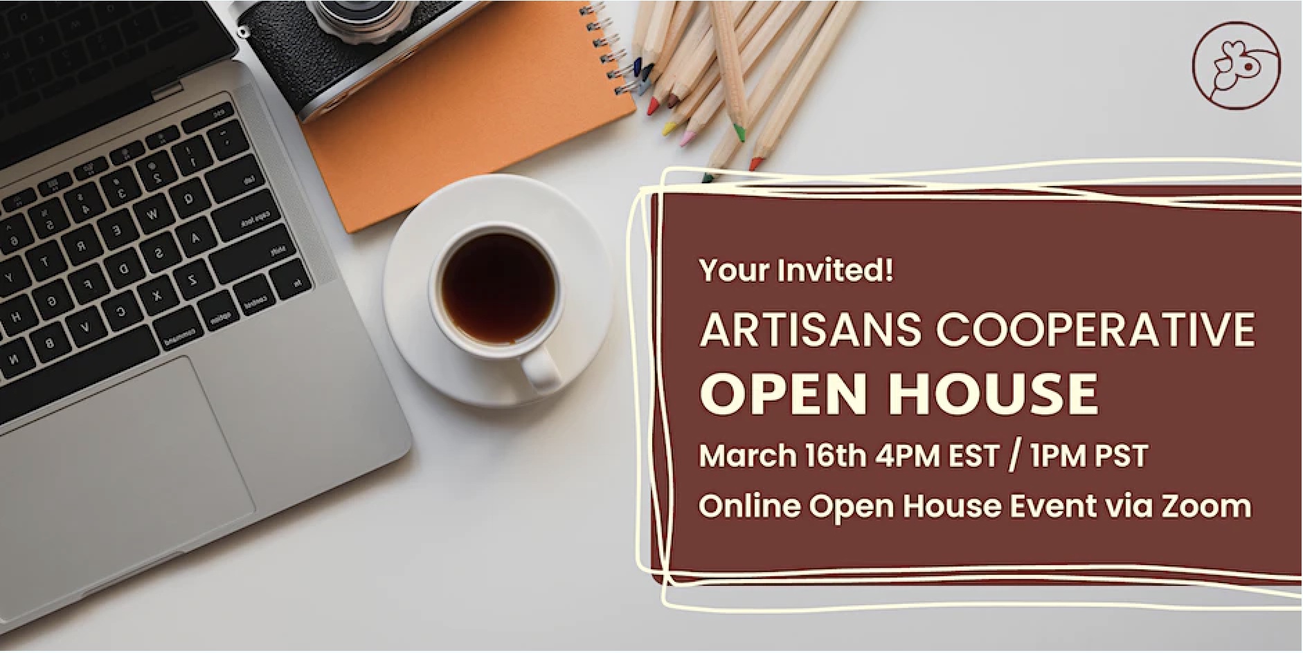 Artisans Cooperative Open House Word Art Graphic March 16 on Zoom. Register via EventBrite