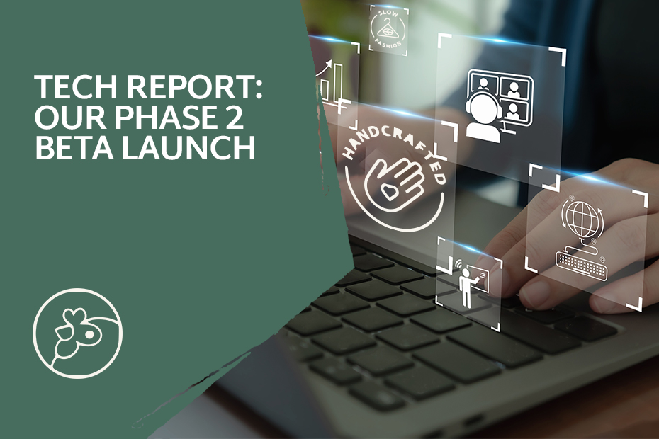 Image of a person typing on a keyboard with space-age graphics representing computer windows showing handmade items and the Artisans Cooperative logo. Title text says Tech Report: Our Phase 2 Beta Launch