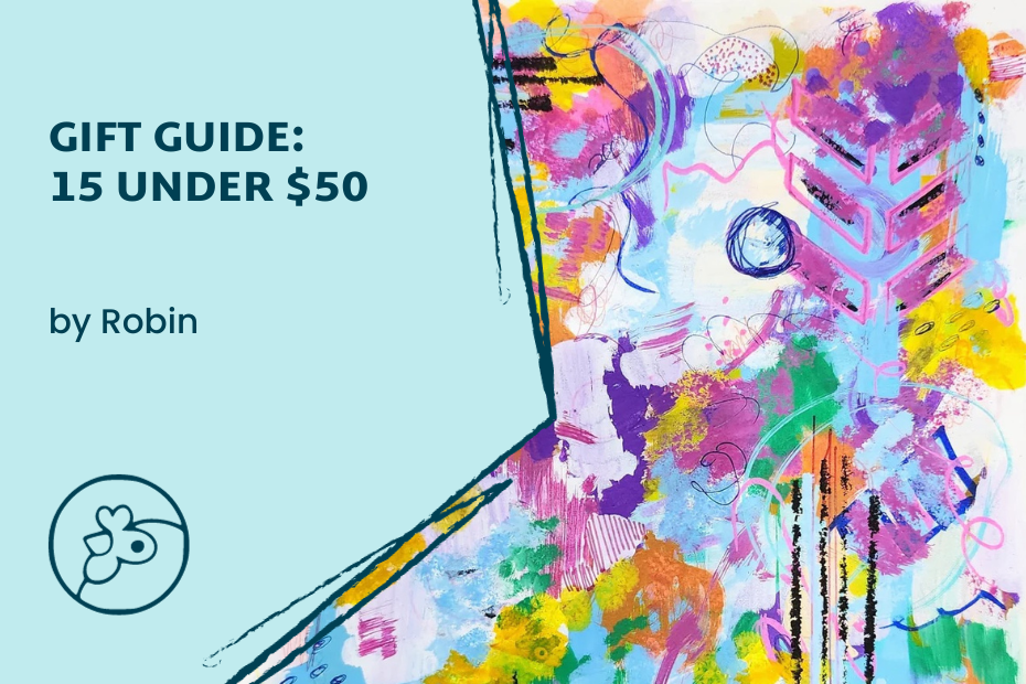 Abstract art oil painting in cheerful 1980's colors like turquoise and light purple and yellow with the title Gift Guide: 15 Under $50