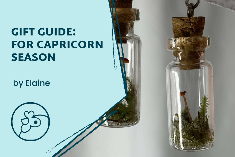 Light blue polygon on the left side reads Gift Guide: For Capricorn Season with the Artisans Cooperative Logo at the bottom left. In the background is a picture of two bottle earrings containing tiny moss and mushrooms