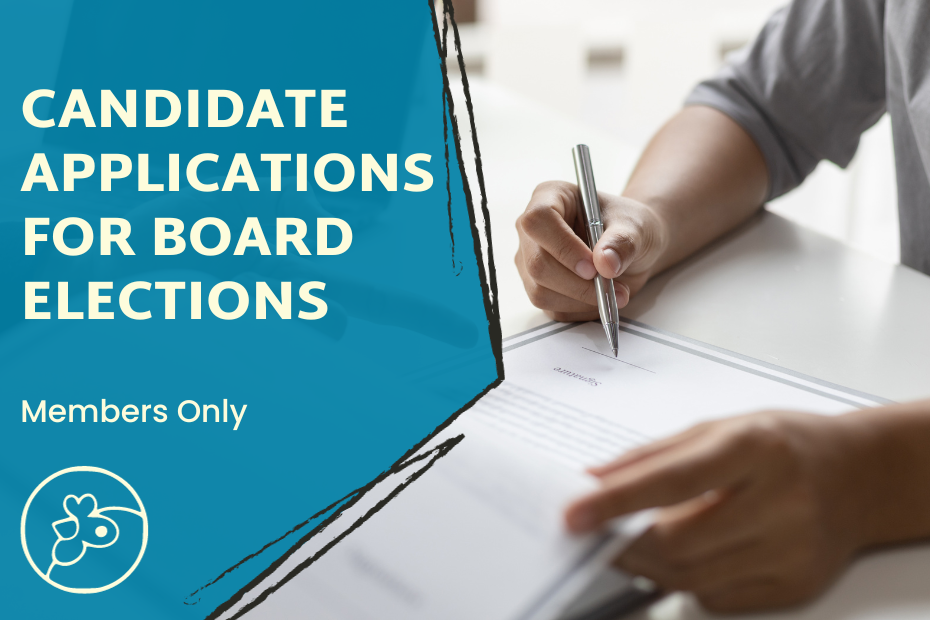 To the left is "Candidate Applications for Board Elections" with "Members Only" and the Artisans Cooperative chicken logo underneath. To the right is a photo of someone signing a document on a white table.