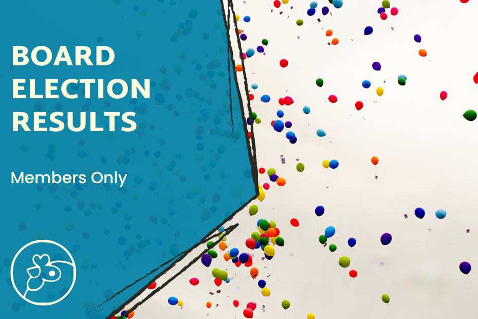 To the left is a color block with "Board Election Results" at the top, "members only" underneath, and the Coop logo below. To the right is a photo of multicolored balloons being released into a beige background.