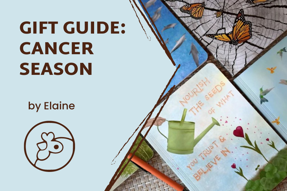 A picture of journals laid out on a table with text over top that reads: "Gift Guide, Cancer Season, by Elaine"