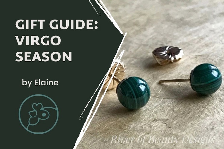 Text over a green shape that reads "Gift Guide: Virgo Season, by Elaine". The background image is of two striped green round stud earrings on top of a grey stone table.