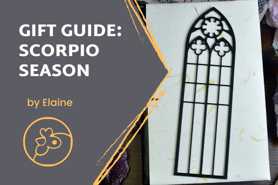 Gift Guide: Scorpio Season, by Elaine; Co-op chicken logo; A gothic cathedral window bookmark